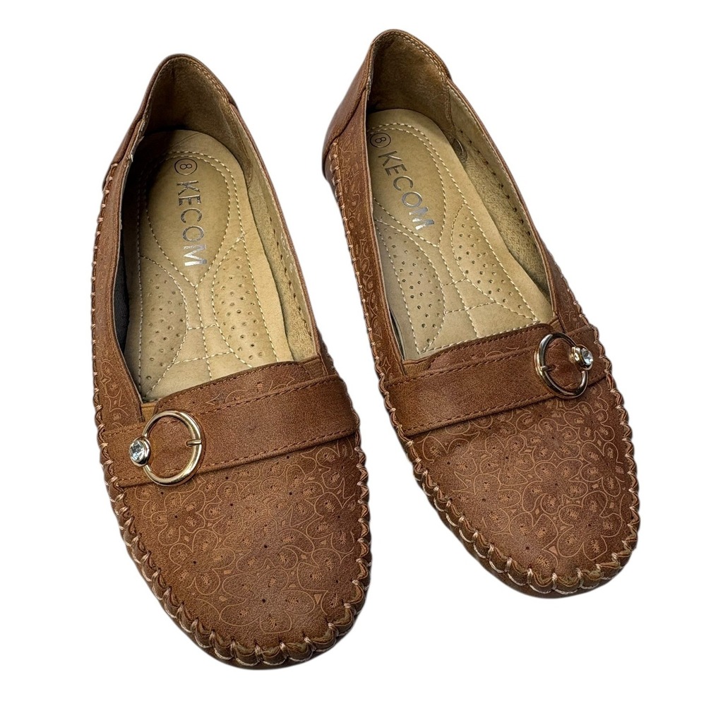KECOM Women's Floral Textured Casual Brown Embossed Pattern Retro Loafers 8